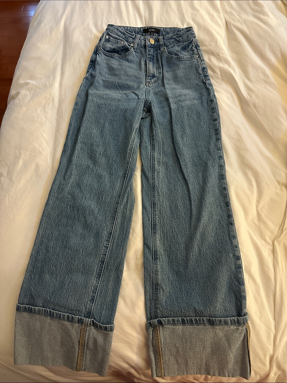 AFRM Wide-Leg High-Rise Jeans in Light Blue Denim with Cuffed Hem